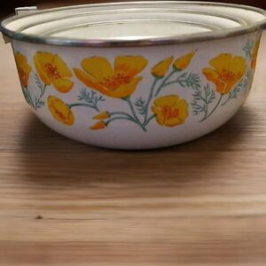 VTG Kobe Kitchen Yellow Poppy Enamelware 3Pc Nesting Bowl Set Japan 1970s